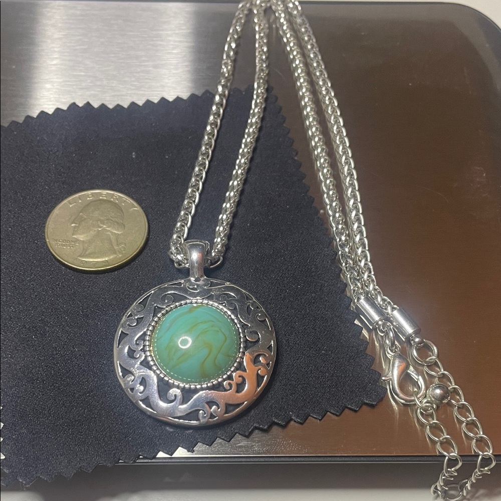Silver Pendant Necklace with Green Stone - unmarked